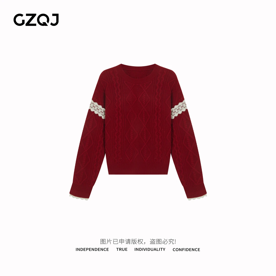 老琴私服【布达佩斯】百搭针织衫圆领花边设计麻花毛衣上衣女冬0763