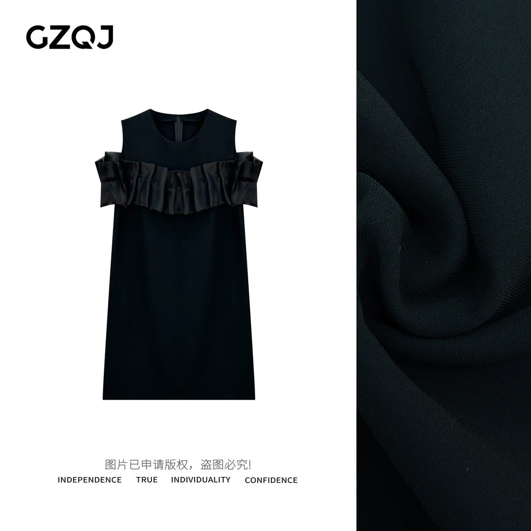 GZQJ【浪漫圆舞曲】小众设计感拼接显瘦露肩黑色连衣裙女夏92733