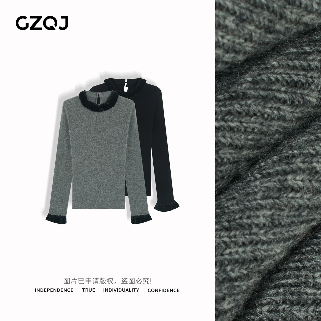 老琴私服【慢调巴黎】时尚长袖撞色花边袖圆领打底针织衫女上衣8871