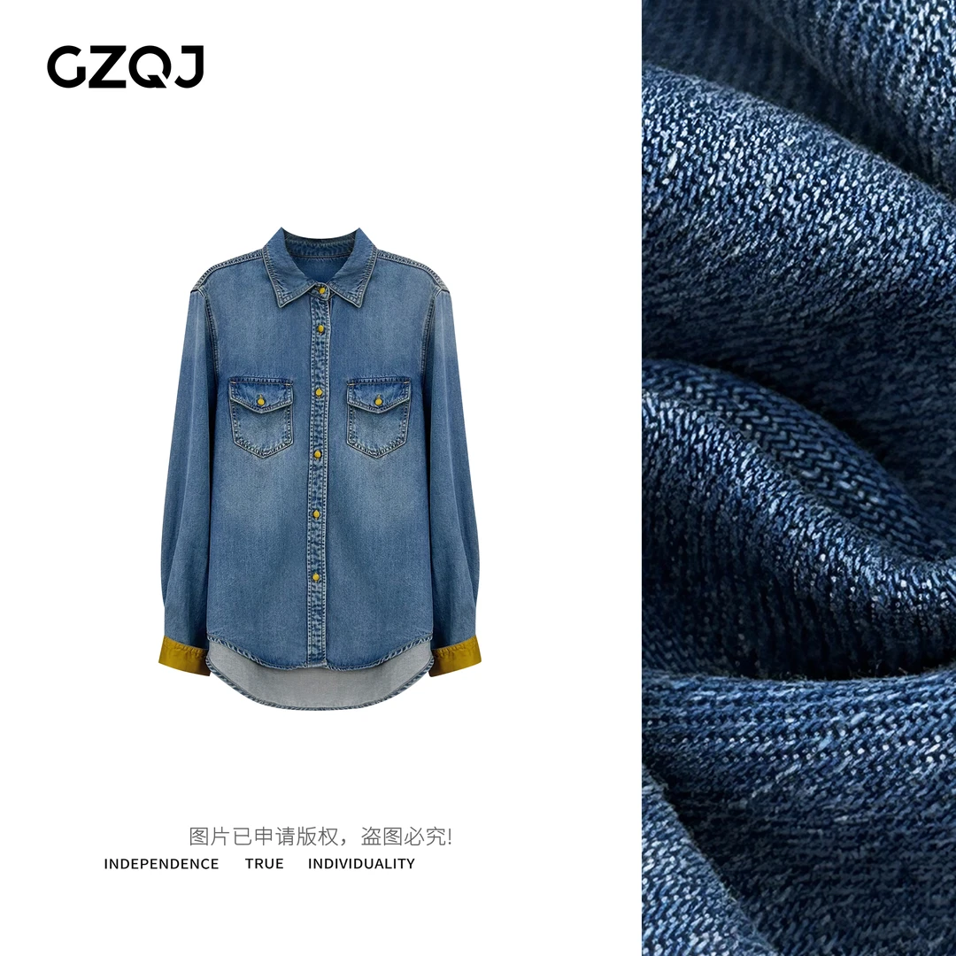 老琴私服【洛神赋】100莱赛尔设计感拼接中式国风牛仔衬衫春夏08112