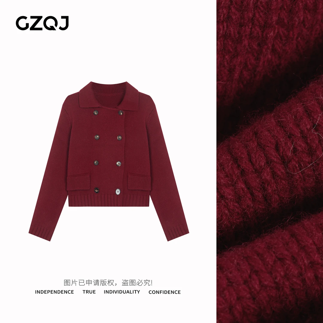 老琴私服【静好时光】翻领双排扣全羊毛针织开衫毛衣外套女冬36077