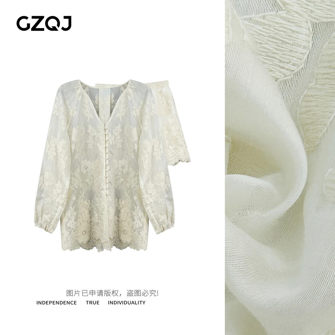 老琴私服 【夏日精灵】设计感蕾丝长袖衬衫+短裤两件套女 48134