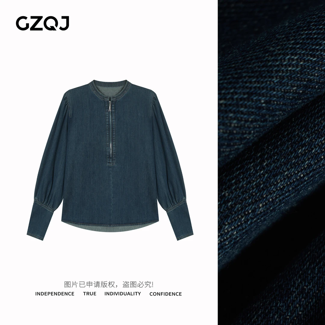 老琴私服【缓存休闲】 设计感复古立领拉链长袖牛仔衬衫女秋冬70638