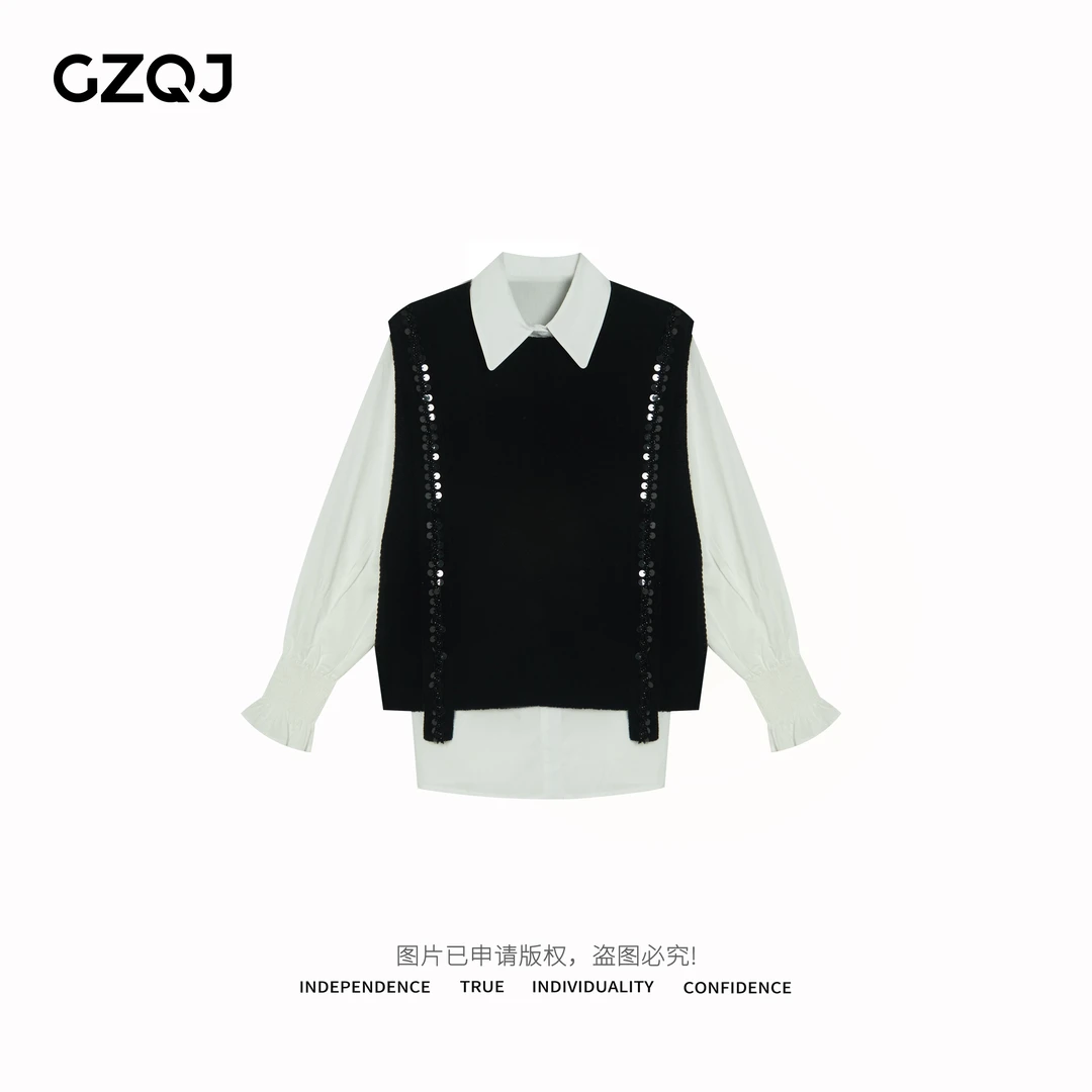 老琴私服【巴黎课间】设计感气质翻领衬衫上衣马甲背心两件套女7513