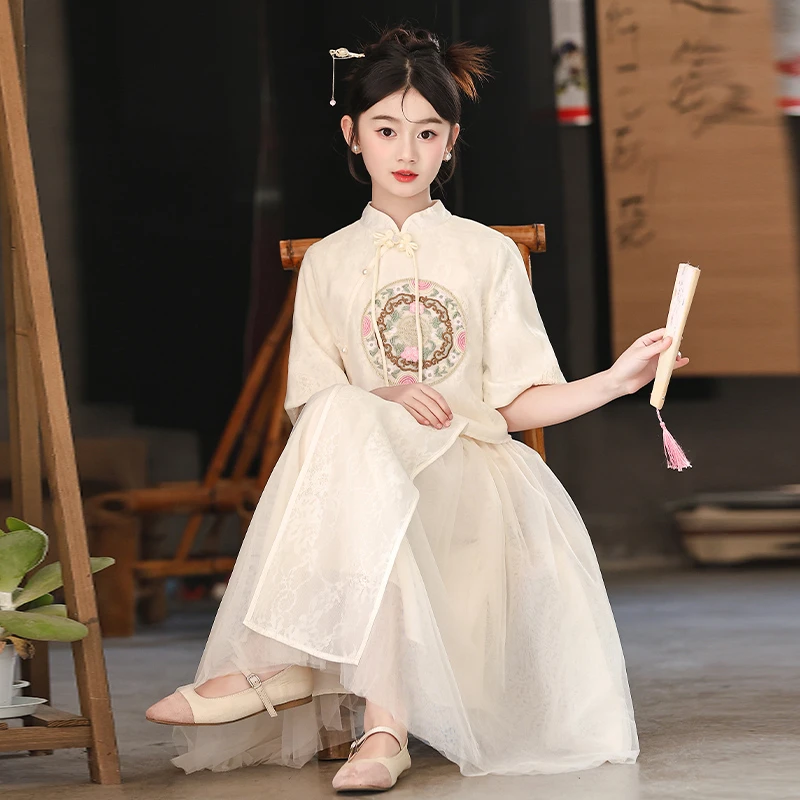 女童夏款唐装刺绣套装2025新款古风气质中大童新中式汉服公主裙子