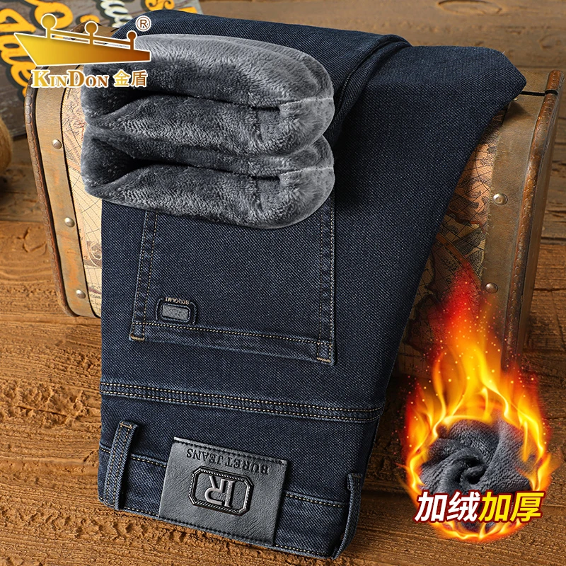 金盾冬季新款加绒加厚男士牛仔裤商务休闲百搭直筒宽松保暖男裤子