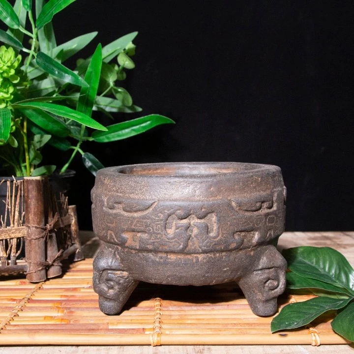 中国风禅意仿青石三足鼎造景花盆鱼缸装饰品雕刻工艺品青石花盆