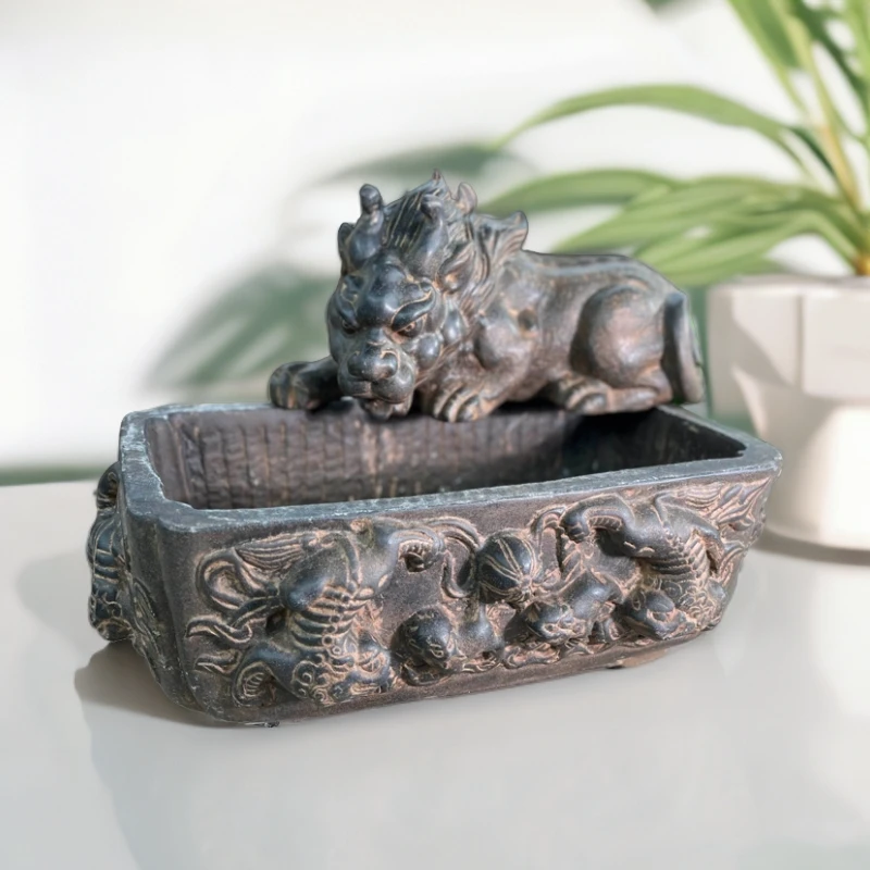 中国风禅意仿青石貔貅花盆 款式雕刻工艺品古法养鱼鱼缸青石花盆