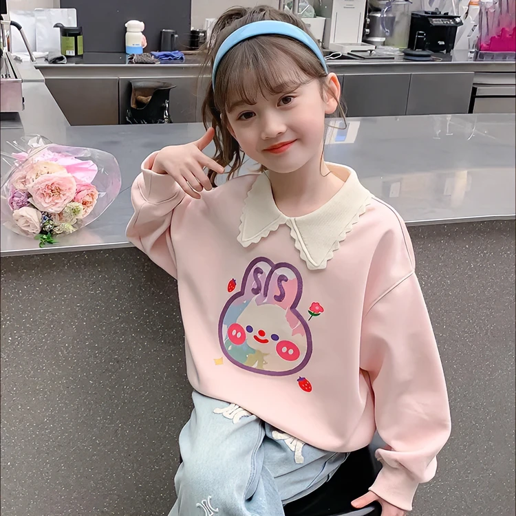 女童卫衣春秋装2024儿童洋气网红宽松版衣服女孩韩版娃娃领上衣