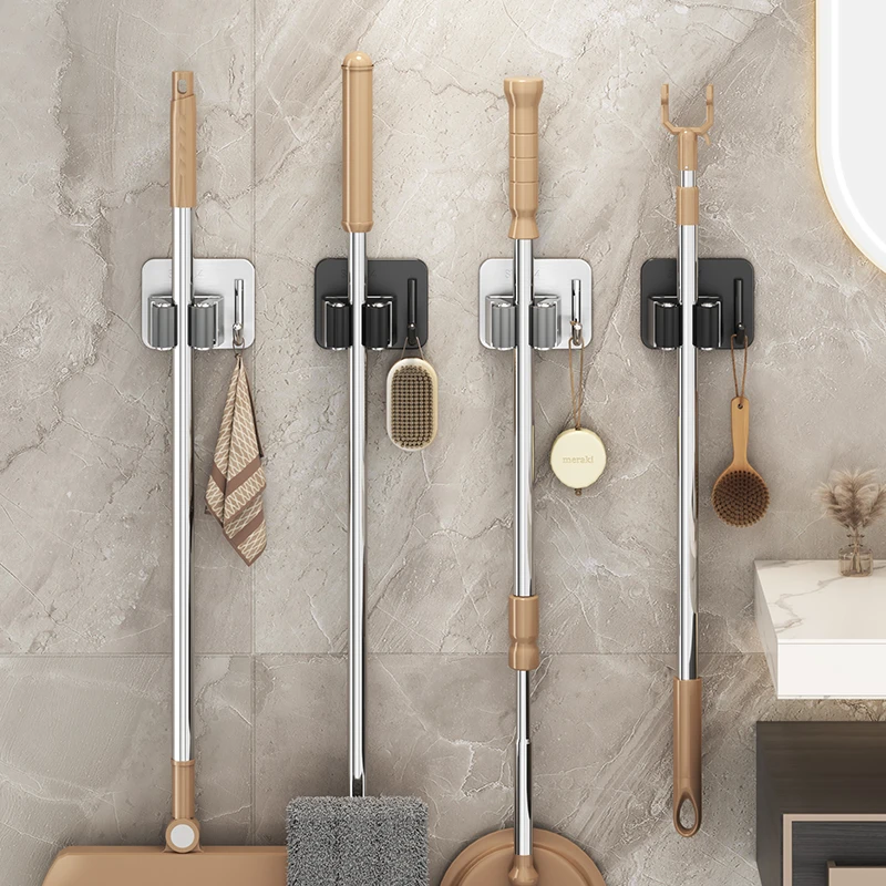拖把壁挂夹免打孔卫生间不锈钢挂钩上墙卡扣收纳神器后门扫把挂架