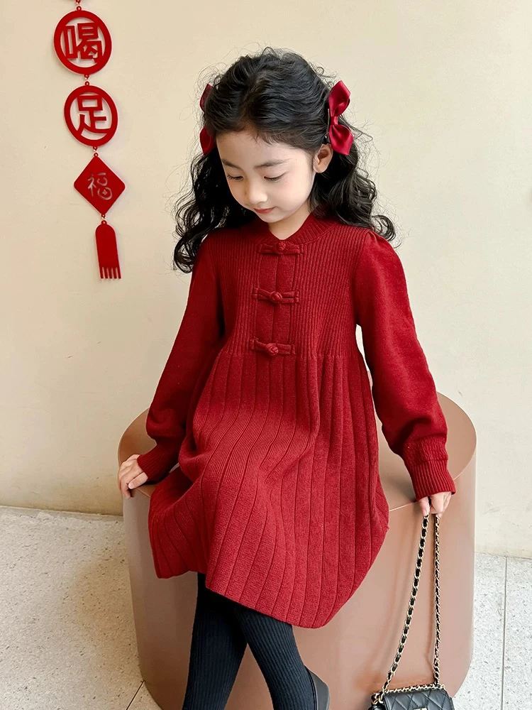 中国红女童连衣裙裙子长袖儿童毛衣裙大红拜年服宝宝女孩打底加厚
