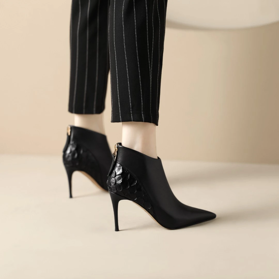 8公分短靴气质女短靴高跟鞋单鞋时尚时装靴女士真皮鞋裸靴