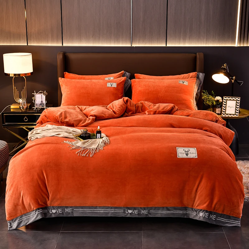 富亿恒  新款被套加厚双面绒纯色牛奶绒绣花床单款四件套