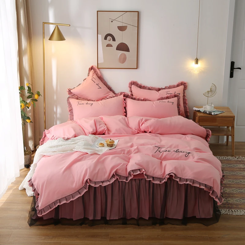 富亿恒 新款韩式蕾丝花边床裙款刺绣纯色四件套  床上用品