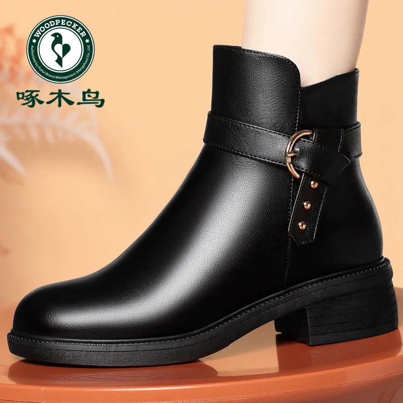 啄木鸟软皮舒适马丁靴女复古短靴秋冬加绒切尔西加厚靴子妈妈皮靴