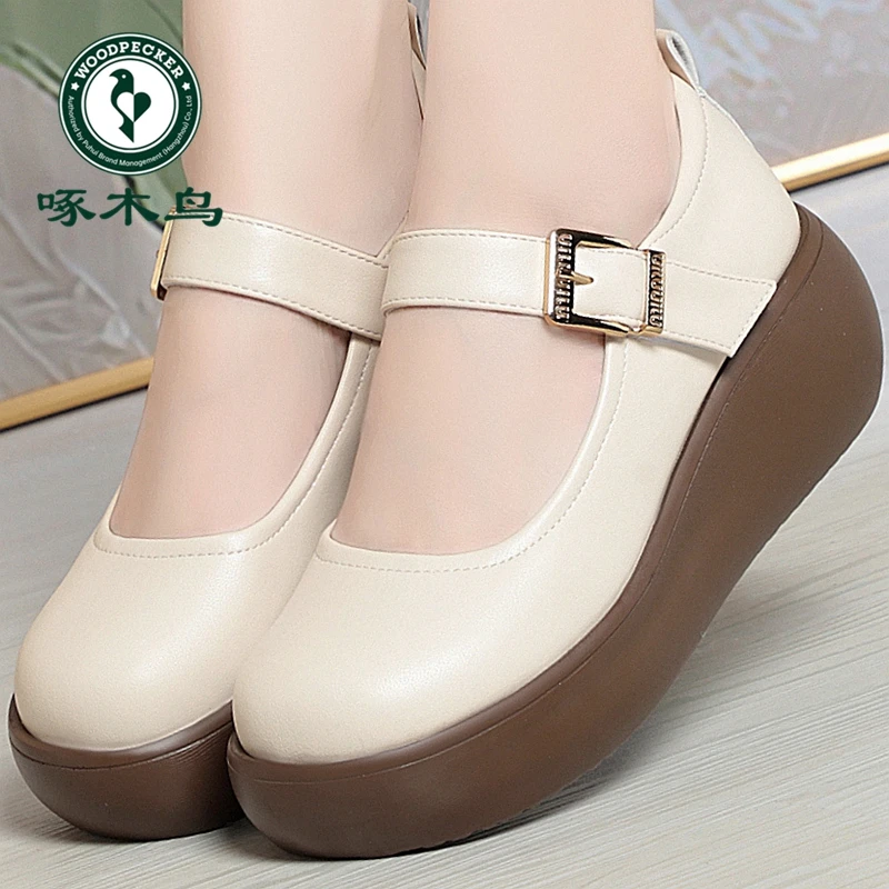 啄木鸟复古小皮鞋松糕厚底舒适女鞋春夏新款软皮单鞋圆头百搭女鞋