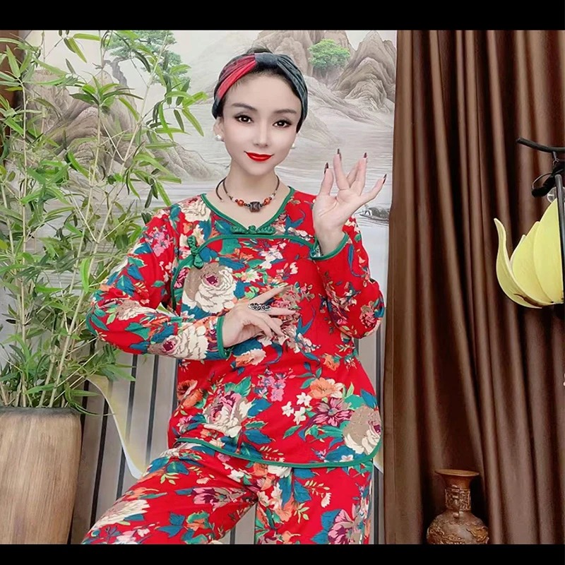 民族风东北大花睡衣套装女秋冬盘扣V领上衣长裤磨毛家居服两件套