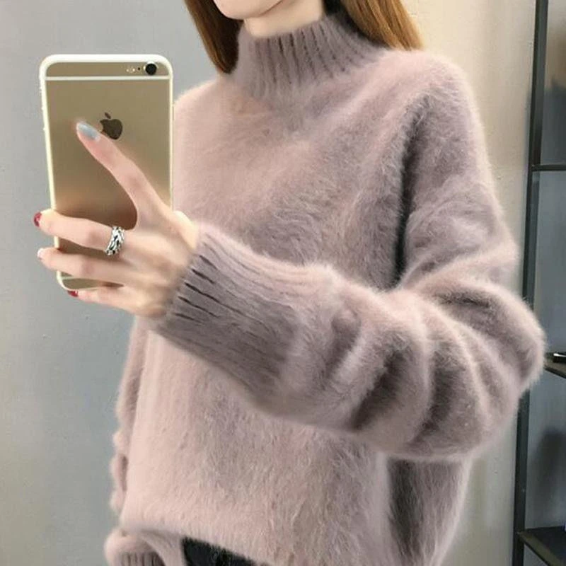 不掉毛仿水貂绒毛衣女打底衫2023新款冬季加厚宽松半高领套头显瘦