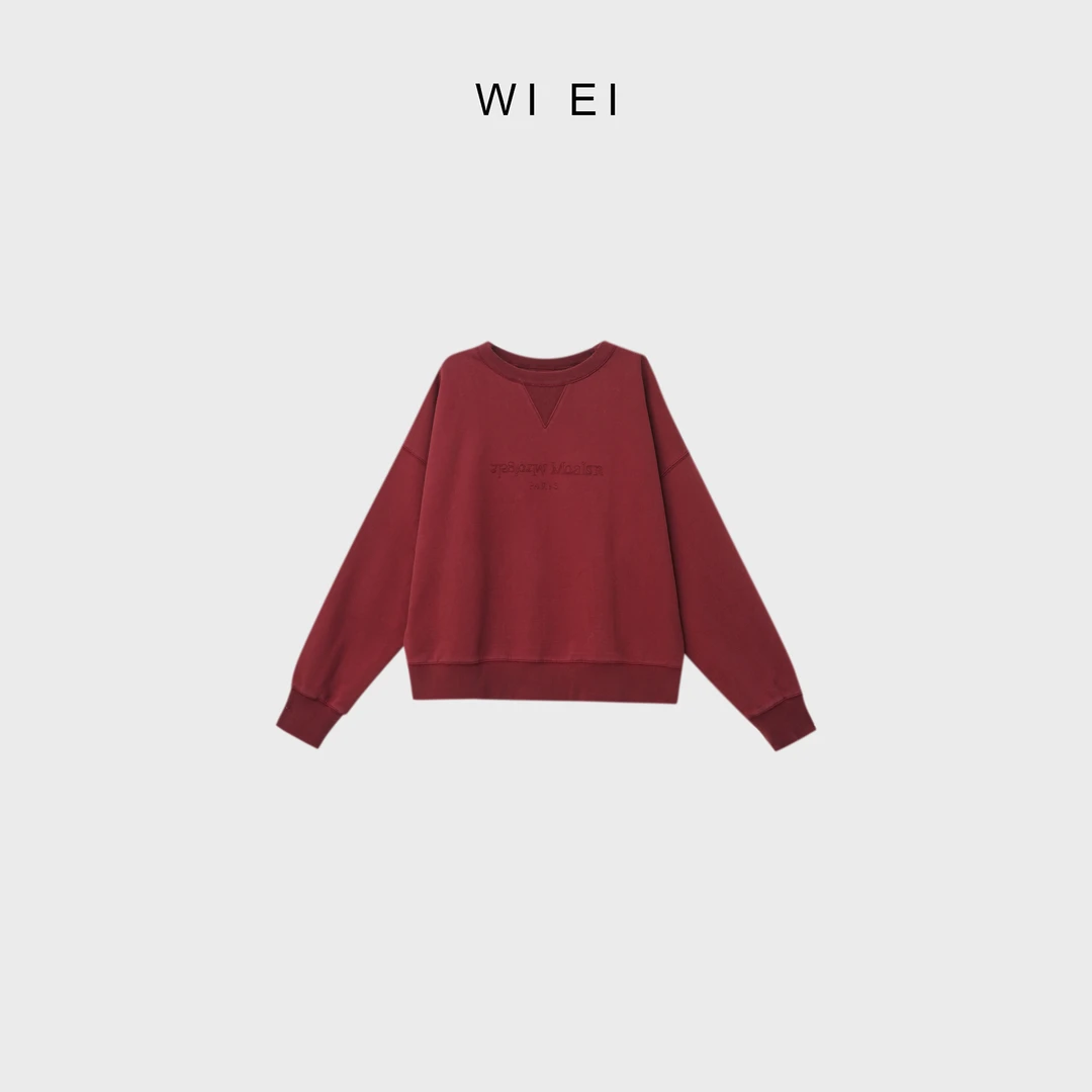 《WI EI》马拉拉*波尔多红 休闲宽松 落肩圆领刺绣字母卫衣 5C0172