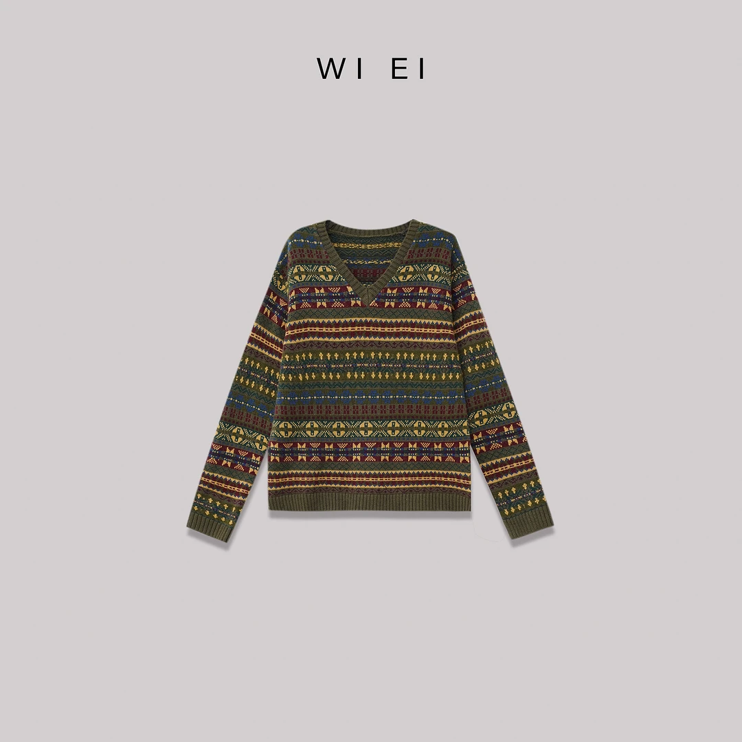 《WI EI》荃羊毛 费尔岛复古提花撞色设计 百搭针织毛衣 7A174