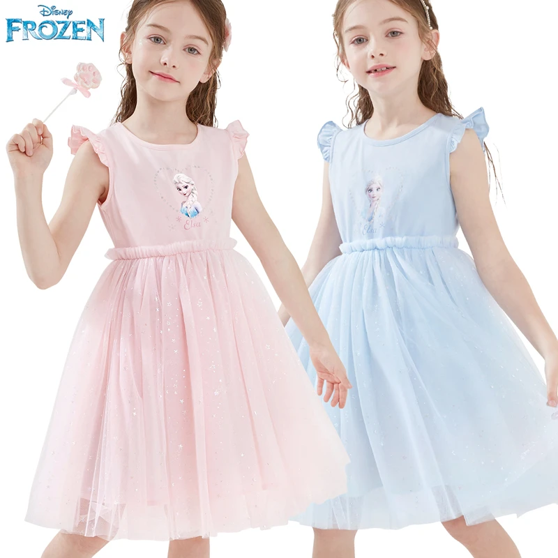 迪士尼女童夏季连衣裙冰雪艾莎网纱蓬蓬裙女孩棉质背心裙洋气薄款