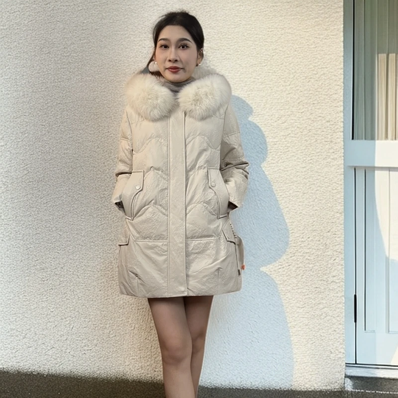 2024冬季新款真皮羽绒服女短款鹅绒服绵羊皮衣连帽冬季加厚外套