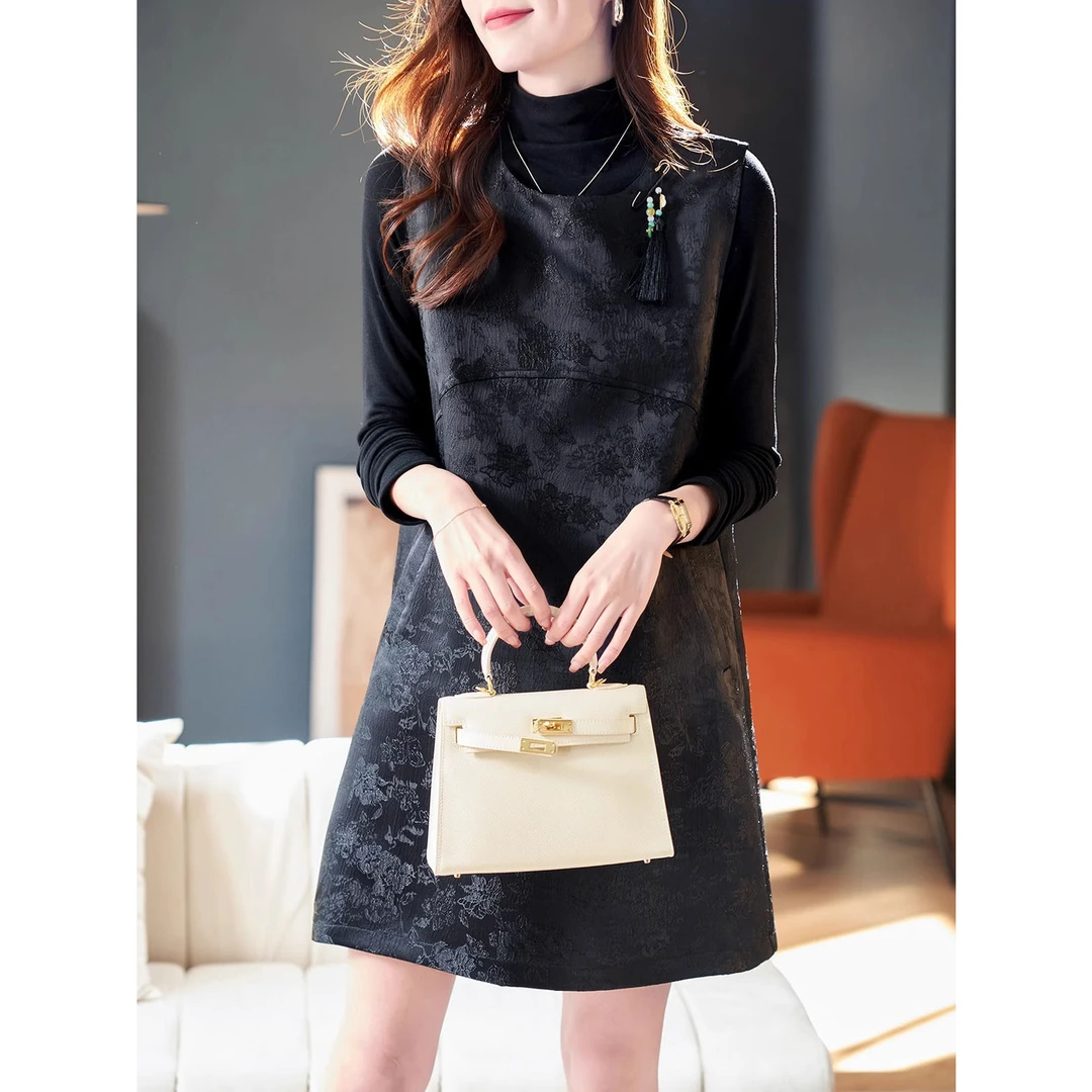 大码女装新中式圆领提花背心裙春季气质百搭高级感无袖连衣裙