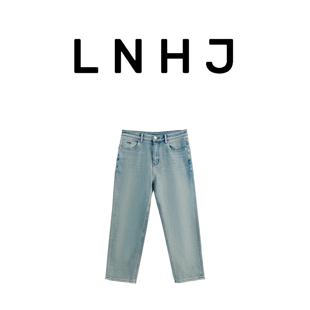 【LNHJ】百搭自由 简约蓝色宽松百搭法棍牛仔裤（薄绒）