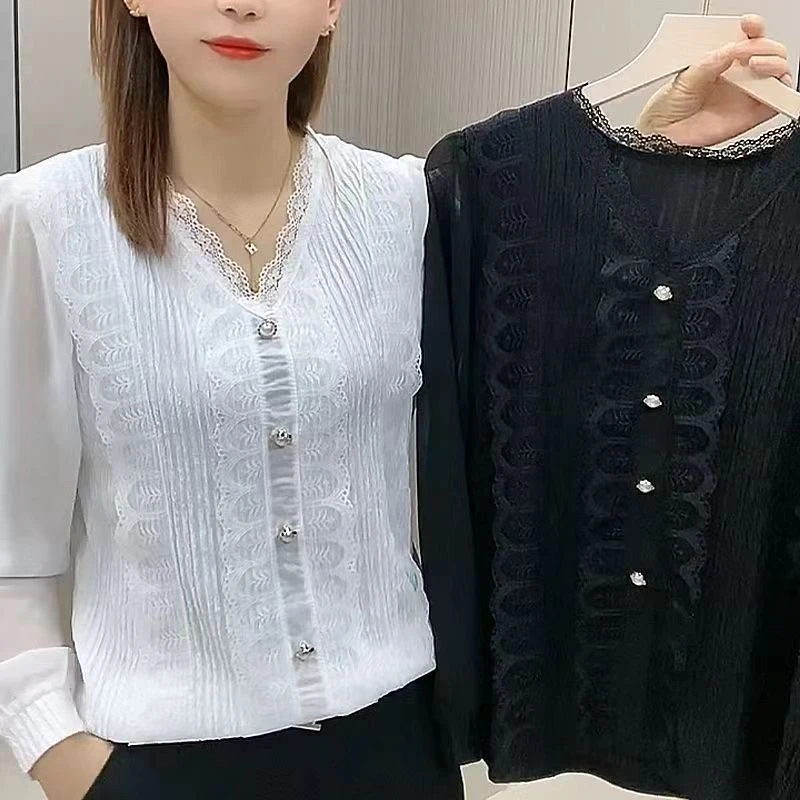 新款春秋蕾丝衫v领长袖雪纺袖小衫百搭宽松小香风打底衫气质显瘦