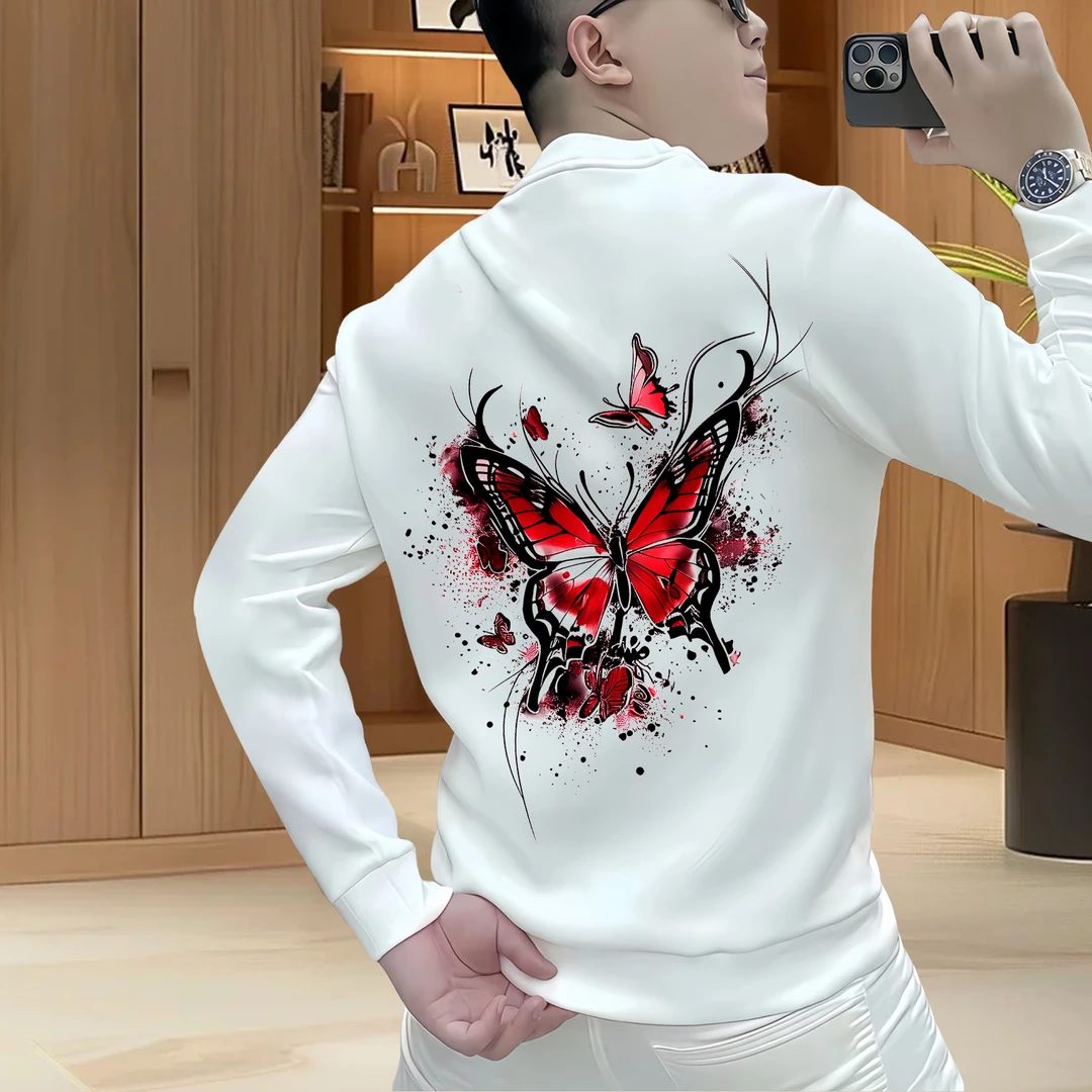 喜居麦痞帅潮流秋冬卫衣-喷涂蝴蝶印花百搭休闲时尚个性加绒上衣