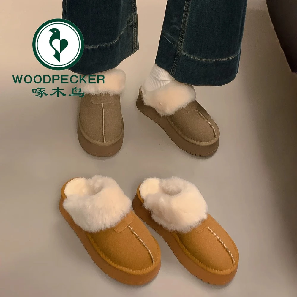 啄木鸟雪地靴毛毛拖鞋外穿秋冬新款一脚蹬厚底加绒高跟包头拖棉鞋