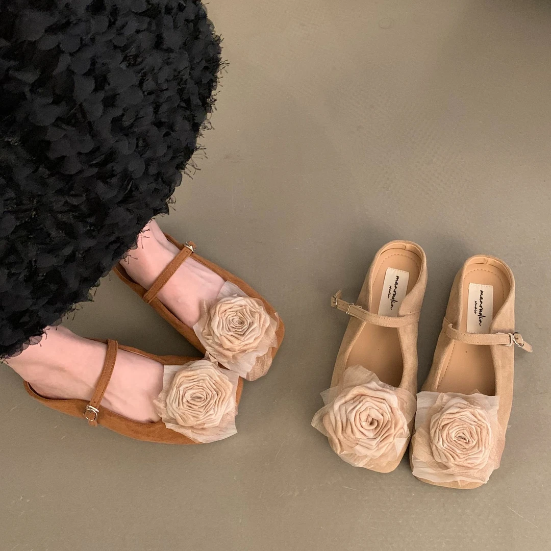 啄木鸟晚晚小香风平底单鞋仙女风鞋子温柔花朵新中式玛丽珍半拖鞋