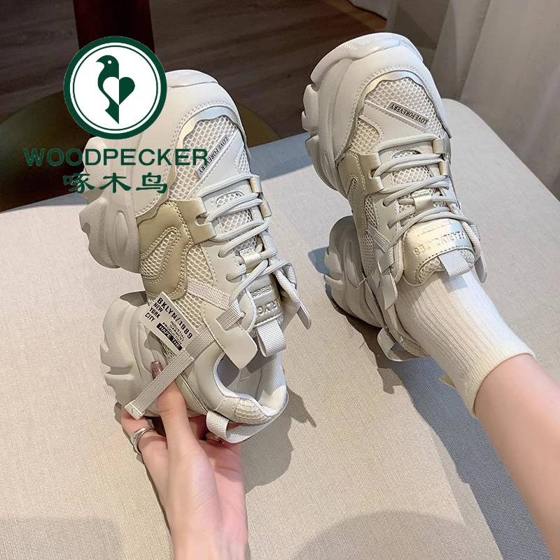 啄木鸟品牌厚底增高老爹鞋女2024新款韩版百搭网面透气运动休闲鞋
