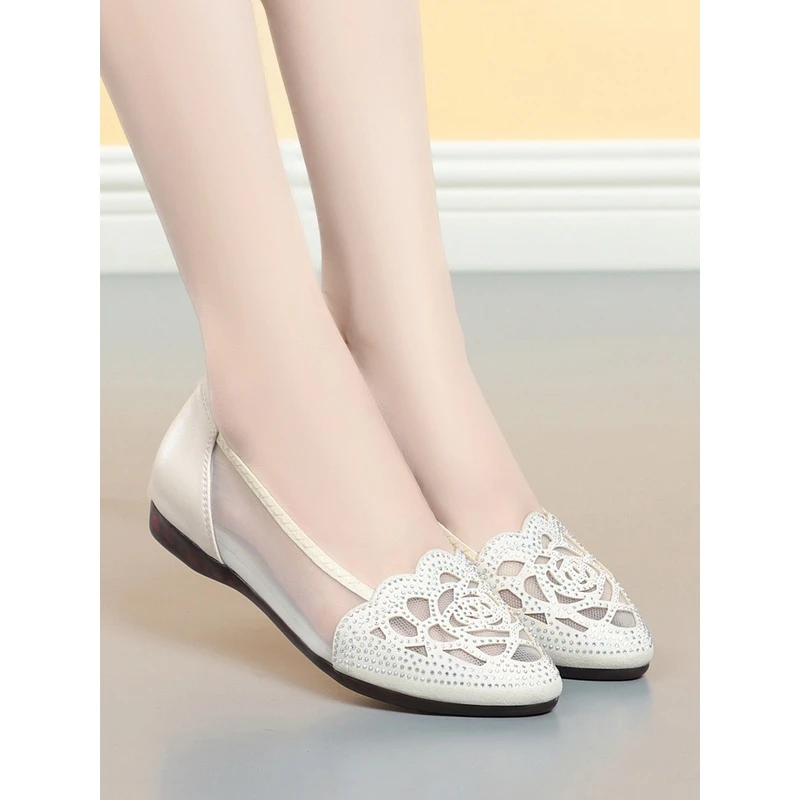 镂空女鞋网纱单鞋2023新款春夏季真皮平底妈妈鞋洞洞凉鞋大码网鞋