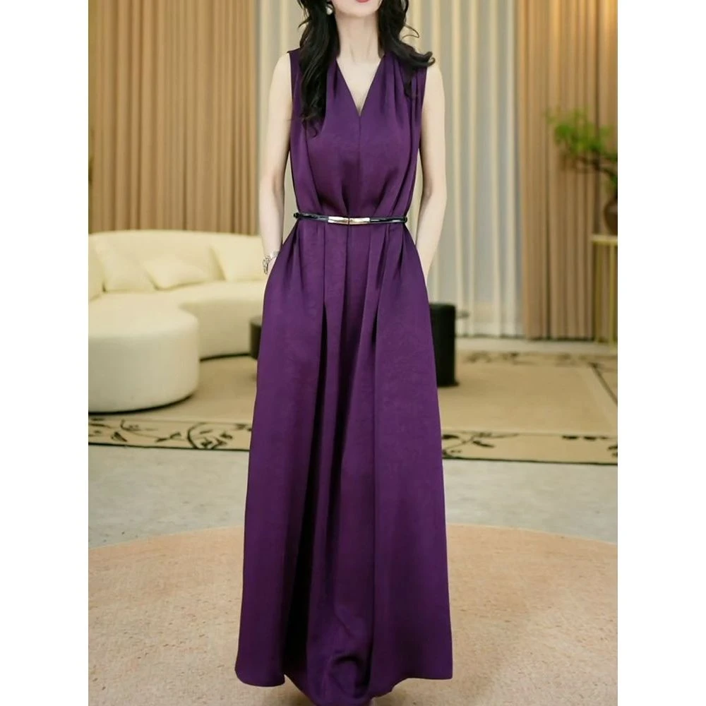 送腰带!高档轻奢纯色无袖连衣裙2025夏季新款气质优雅遮肉A字裙