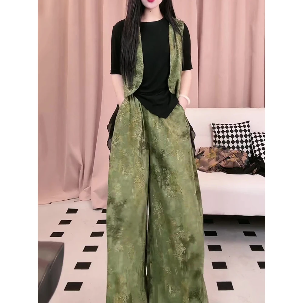 高级感时尚气质套装2025夏季新款纯色上衣+新中式马褂+长裤三件套