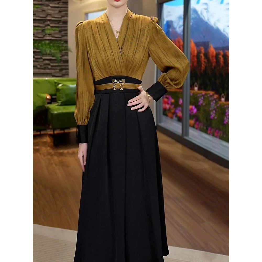 轻奢女神范拼接假两件高档A字裙2025秋季新款气质优雅收腰连衣裙