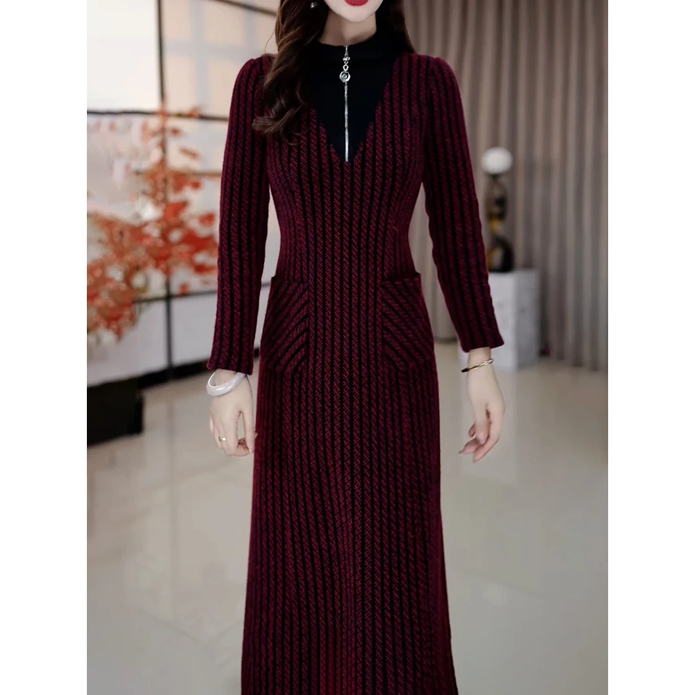 优雅贵夫人气质条纹长袖连衣裙2026春冬新款洋气修身百搭减龄长裙