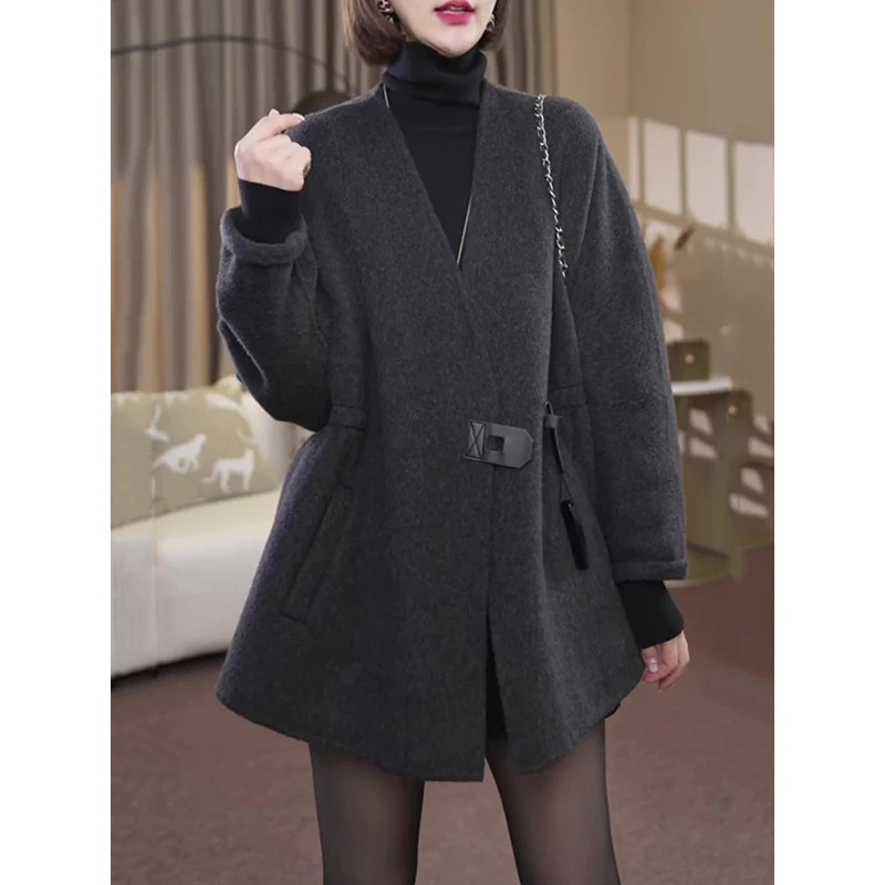时尚通勤款百搭毛呢外套女2025秋冬新款高级感宽松显瘦中长款外套
