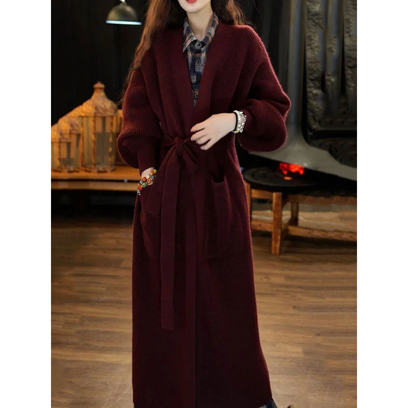 时尚洋气高级感纯色针织外套女2025秋季新款百搭绑带显瘦长款开衫