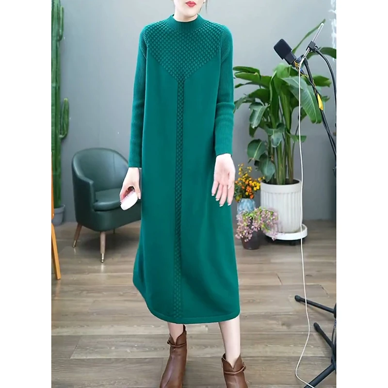 欧洲站纯色宽松中长款毛衣裙2025秋冬新款文艺复古A字长袖连衣裙