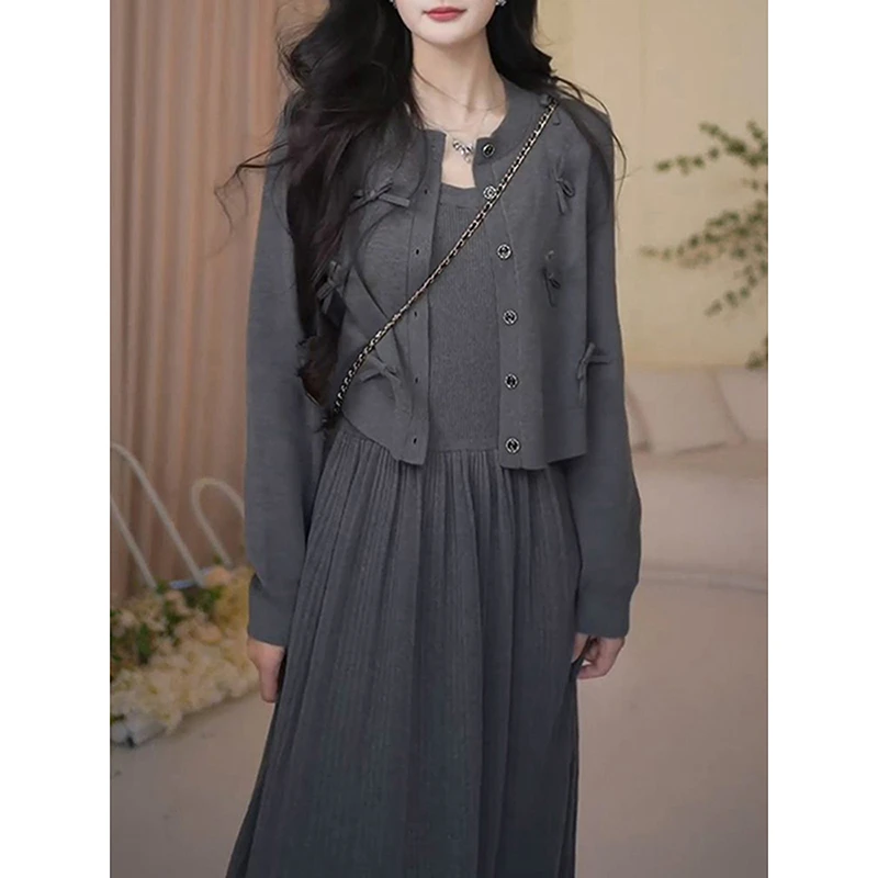 韩系极简风简约纯色裙套装女2025秋季新款时尚百搭开衫背心裙套装