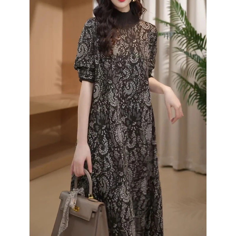 中国风高档气质阔太太名媛针织连衣裙2026春季新款遮肉长袖A字裙