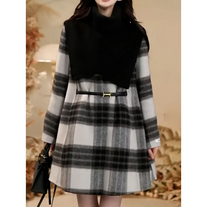 送腰带!韩系时尚减龄保暖加厚毛呢围脖格纹毛呢大衣2025秋冬新款