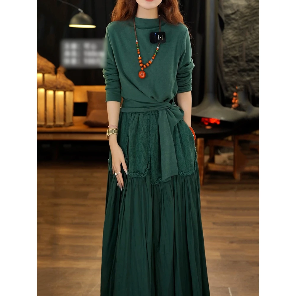 小众文艺风裙套装女2025秋冬新款极简风纯色百搭显瘦上衣+半身裙