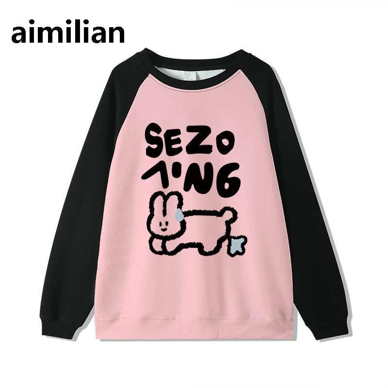 美式慵懒chic插肩袖卫衣女秋冬圆领学生宽松无帽多巴胺休闲上衣