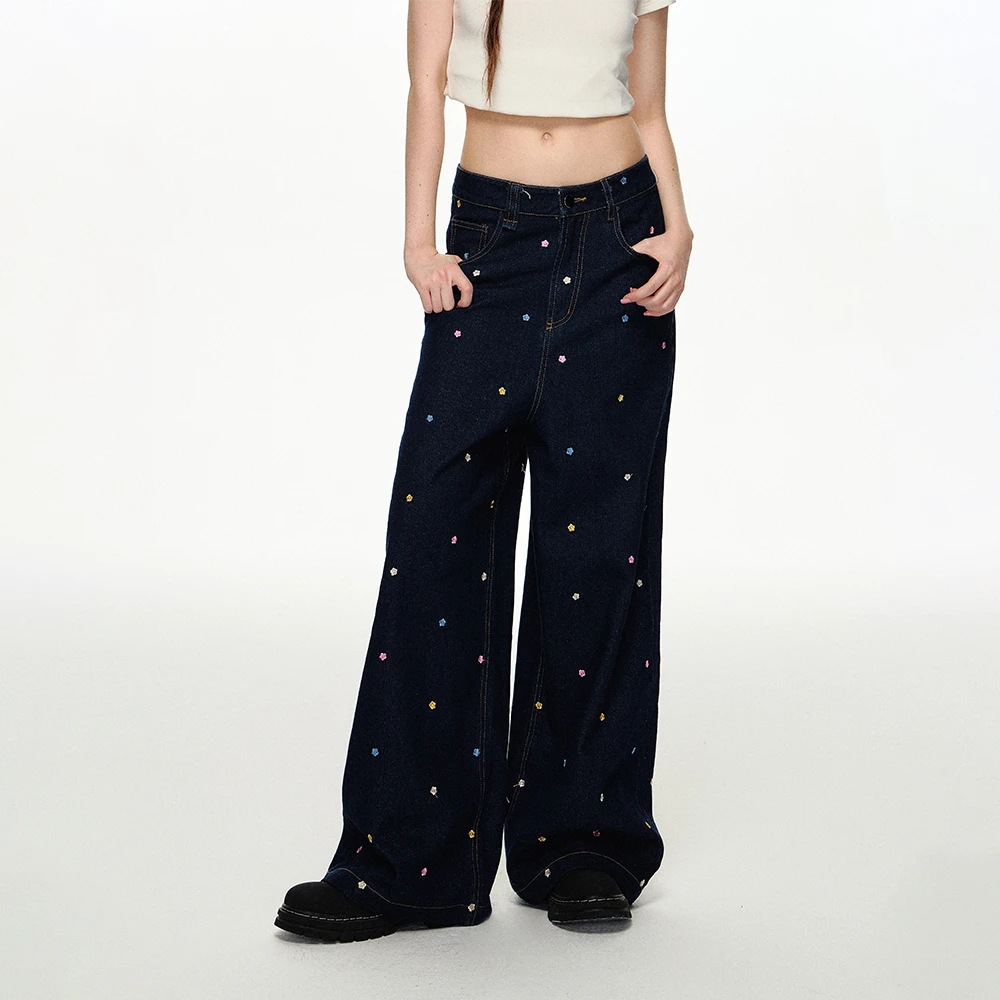 CyNi 童趣小花刺绣牛仔裤直筒高腰不褪色长裤阔腿裤2024秋直筒女o