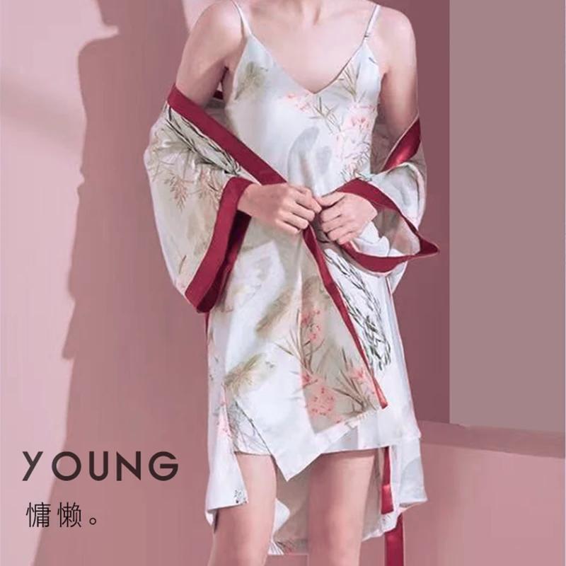 特价睡衣女冰丝睡袍国潮风水墨吊带群睡袍套装女士居家服套装