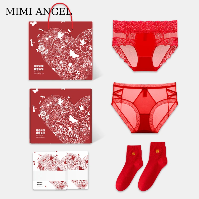 Mimi Angel礼盒红色内裤女本命年红性感蕾丝棉袜子新年送女友礼物