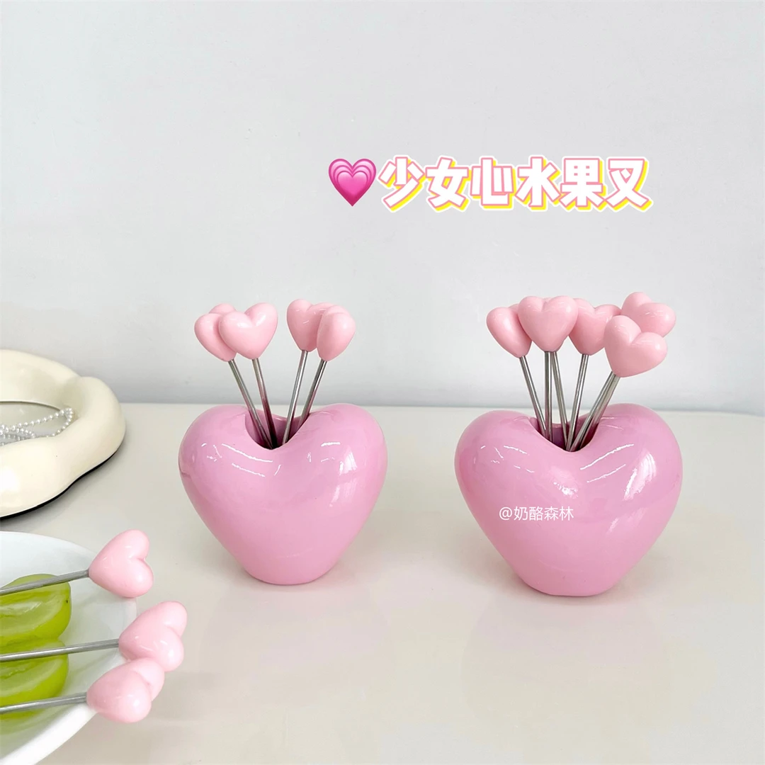 粉色爱心草莓水果叉可爱少女心色系创意不锈钢水果签甜品蛋糕叉子